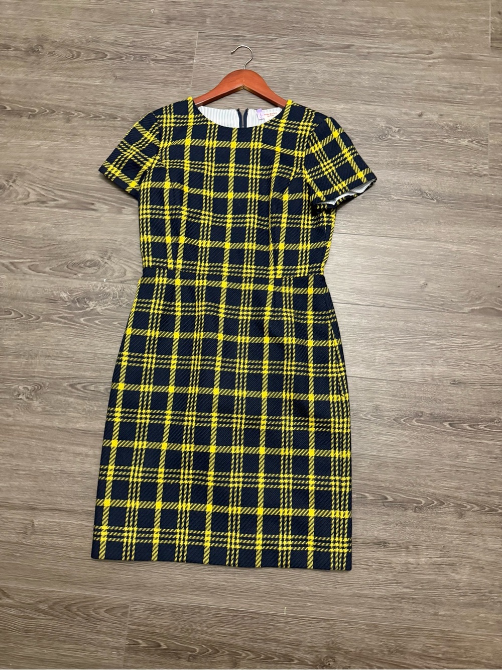 Classic Navy and Yellow Plaid Sheath Dress - Womens